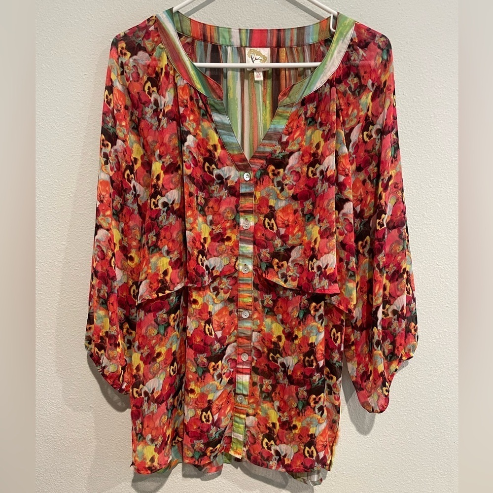 Fig & Flower Sheer Floral & Strip Blouse Plus 2X